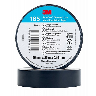 3M Temflex 165 Nastro isolante elettrico, 25 mm x 25 m, nero