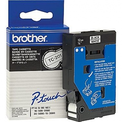 Brother TC-201, 12mm x 7,7m, černý tisk / bílý podklad, originální páska
