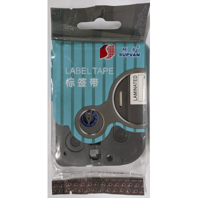 Nastro autoadesivo Supvan L-325E, 9mm x 8m, testo bianco / sfondo nera, laminato