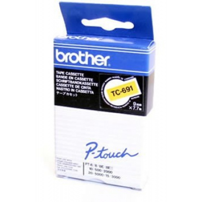Brother TC-691, 9mm x 7,7m, testo nera / sfondo giallo, nastro originale