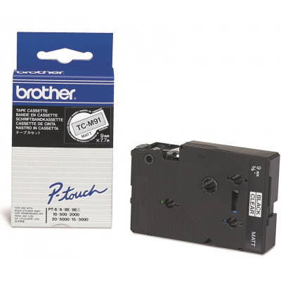 Brother TC-M91, 9mm x 7,7m, testo nera / nastro trasparente, nastro originale