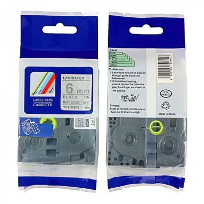 Nastro compatibile con Brother TZ-M911 / TZe-M911, 6mm x 8m, testo nera / nastro argento