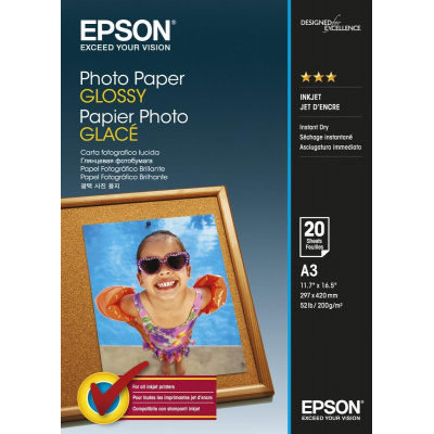 Epson Glossy Photo Paper C13S042536, 200 g/m2, A3, 20pz, lucido, bianco, carta fotografica