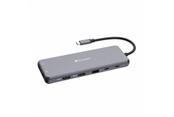 Verbatim 32153 USB-C Hub, Multiport Pro 13 Port, 6x USB-A, 2x USB-C, 2x HDMI, DP, RJ45, 3.5mm Jack audio, grigio