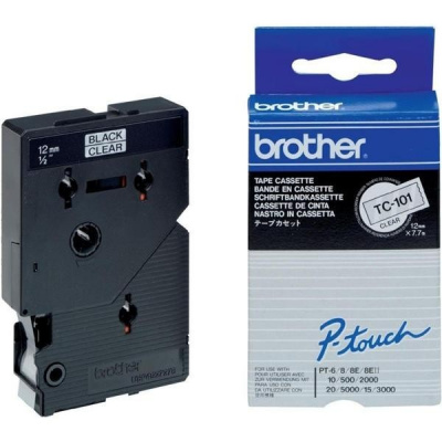 Brother TC-101, 12mm x 7,7m, testo nera / nastro trasparente, nastro originale