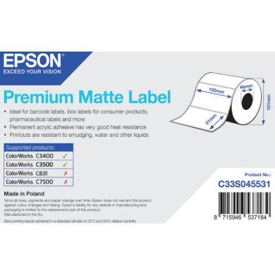 Epson C33S045531 Premium Matte, per ColorWorks, 102x51mm, 650pz, bianco etichette autoadesive