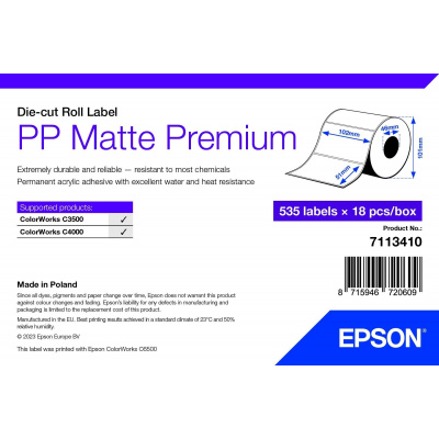Epson 7113410 PP Matte, per ColorWorks, 102x51mm, 535pz, polypropylen, bianco etichette autoadesive