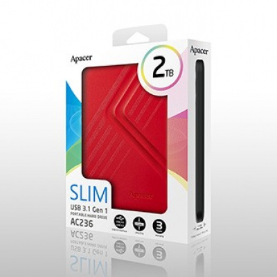 Apacer disco rigido esterno, AC236, 2.5", USB 3.0 (3.2 Gen 1), 2TB, AP2TBAC236R-1, rosso