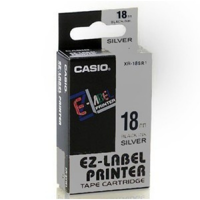 Casio XR-18SR1, 18mm x 8m, testo nera/nastro argento, nastro originale