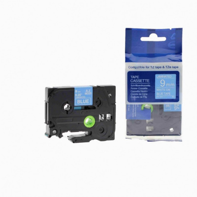 Nastro compatibile con Brother TZ-525 / TZe-525, 9mm x 8m, testo bianco / sfondo blu