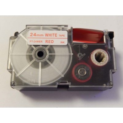 Nastro compatibile con Casio XR-24WER 24mm x 8m testo rossa / sfondo bianco
