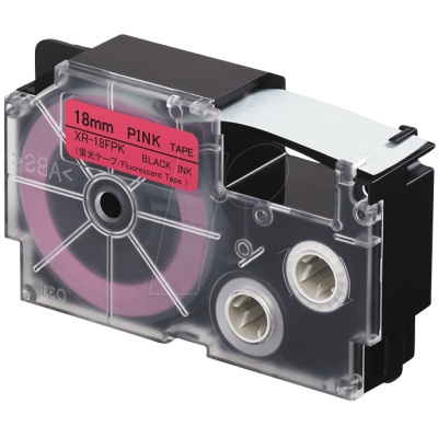 Casio XR-18FPK , 18mm x 8m, testo nera / segnale sfondo rosa, nastro compatibile