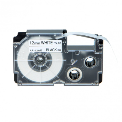 Casio R7WE (XR-12HSWE), 12mm x 2m, testo nera / sfondo bianco, restringibile, nastro compatibile