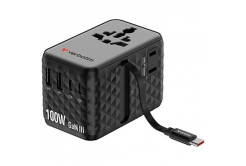 Verbatim 30191, Adattatore da viaggio universale Charge ,n, Travel 2x USB-C, 2X USB-A + 1x cavo integrato USB-C, nero, 100 W
