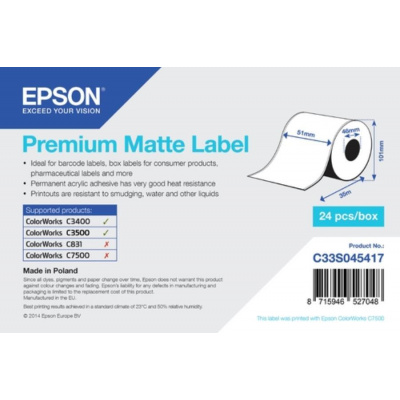Epson C33S045417 Premium Matte, per ColorWorks, 51mmx35m, bianco etichette autoadesive