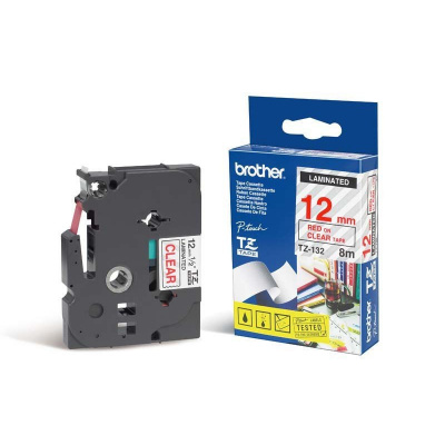 Brother TZ-132 / TZe-132, 12mm x 8m, testo rossa/nastro trasparente, nastro originale