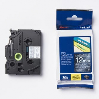 Brother TZ-PR935 / TZe-PR935, 12mm x 8m, testo bianco/nastro argento, nastro originale