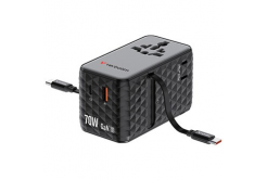 Verbatim, Cestovní adaptér univerzální Charge ,n, Travel 1x USB-C, 1X USB-A + 2x integrovaný kabel USB-C, černá, 70 W