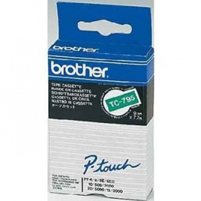 Brother TC-795, 9mm x 7,7m, testo bianco/sfondo verde, nastro originale
