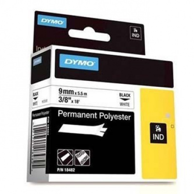Dymo Rhino 18482, 9mm x 5.5m, testo nera/sfondo bianco, nastro originale