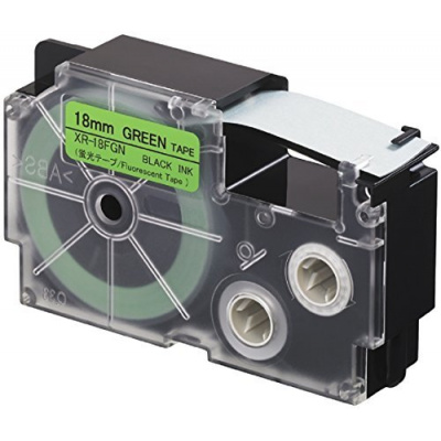 Casio XR-18FGN , 18mm x 8m, testo nera / segnale sfondo verde, nastro compatibile