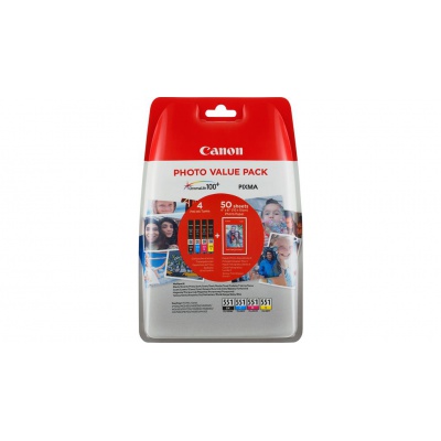 Canon CLI-551 Bk+C+M+Y multipack cartuccia originale + carta fotografica 50x (10x15)