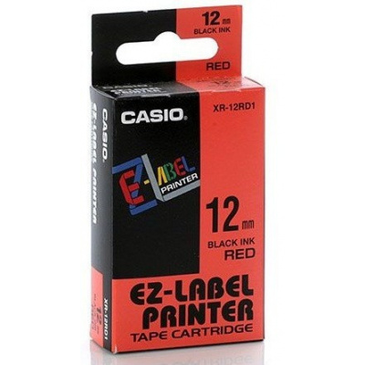 Casio XR-18RD1, 18mm x 8m, testo nera/sfondo rosso, nastro originale