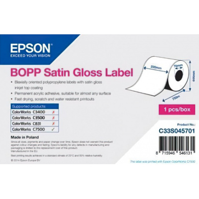 Epson C33S045701 BOPP Satin Gloss, per ColorWorks, 220mmx750m, polypropylen, bianco etichette autoadesive