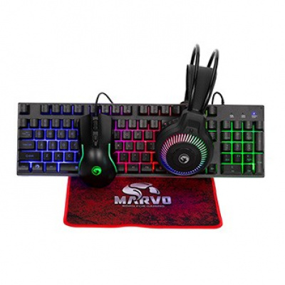 Marvo LOOT 40, sada klávesnice s herní myší, podložkou a sluchátky, CZ/SK, drátová (USB), černá, podsvícená